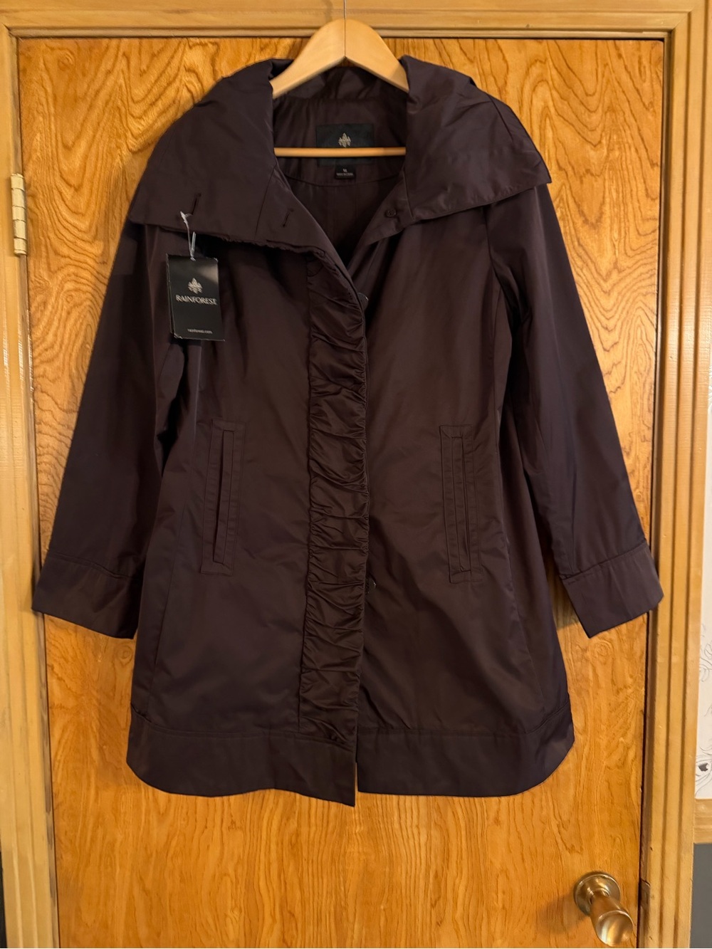 NWT RAINFOREST Dark Brown Hooded Ruffle-Front Trench Coat